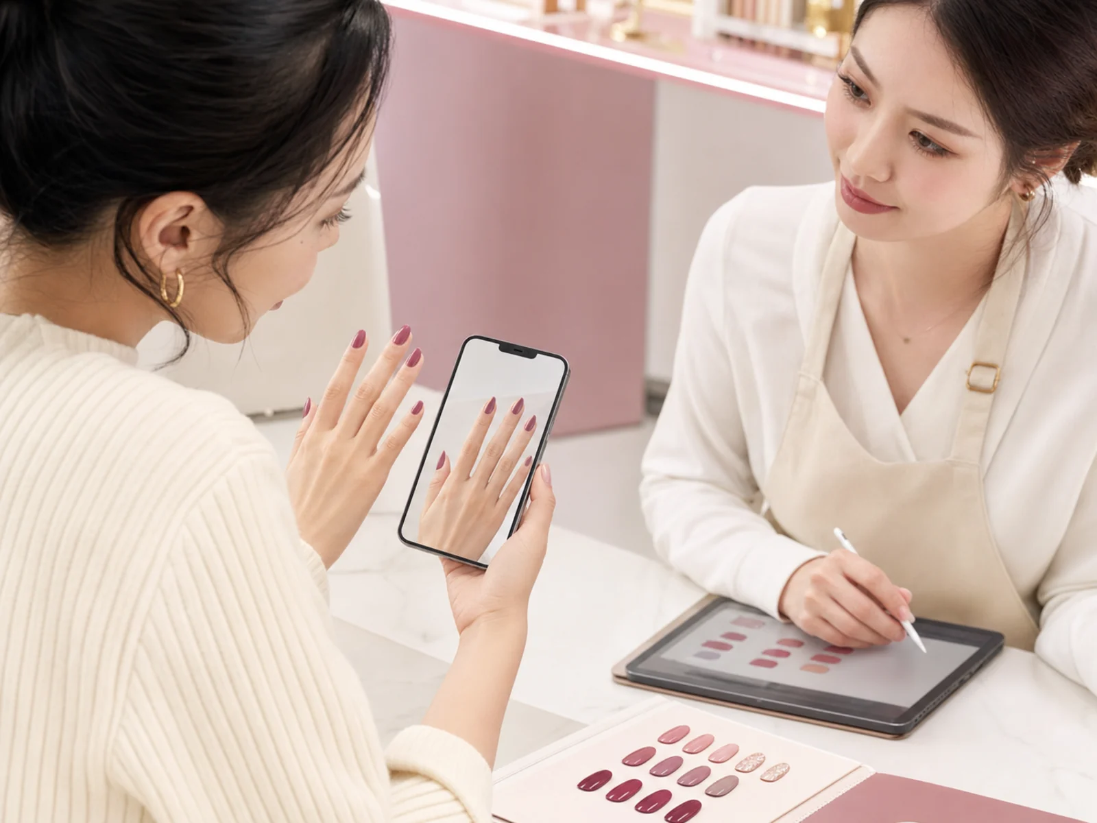 Client previewing a manicure with ManiLume while consulting a nail technician