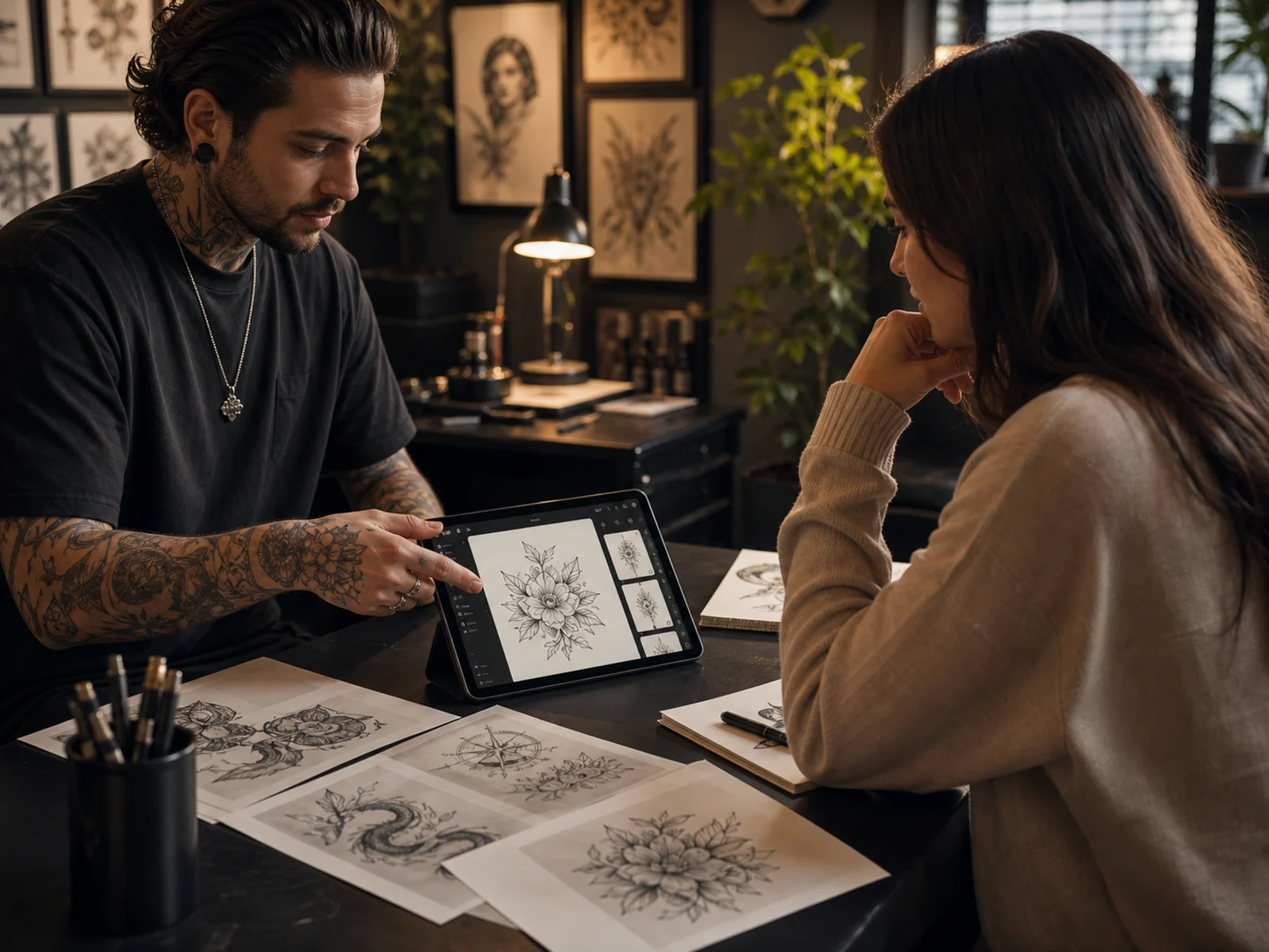 Tattoo artist and client reviewing an OpenInk-assisted tattoo concept on a tablet