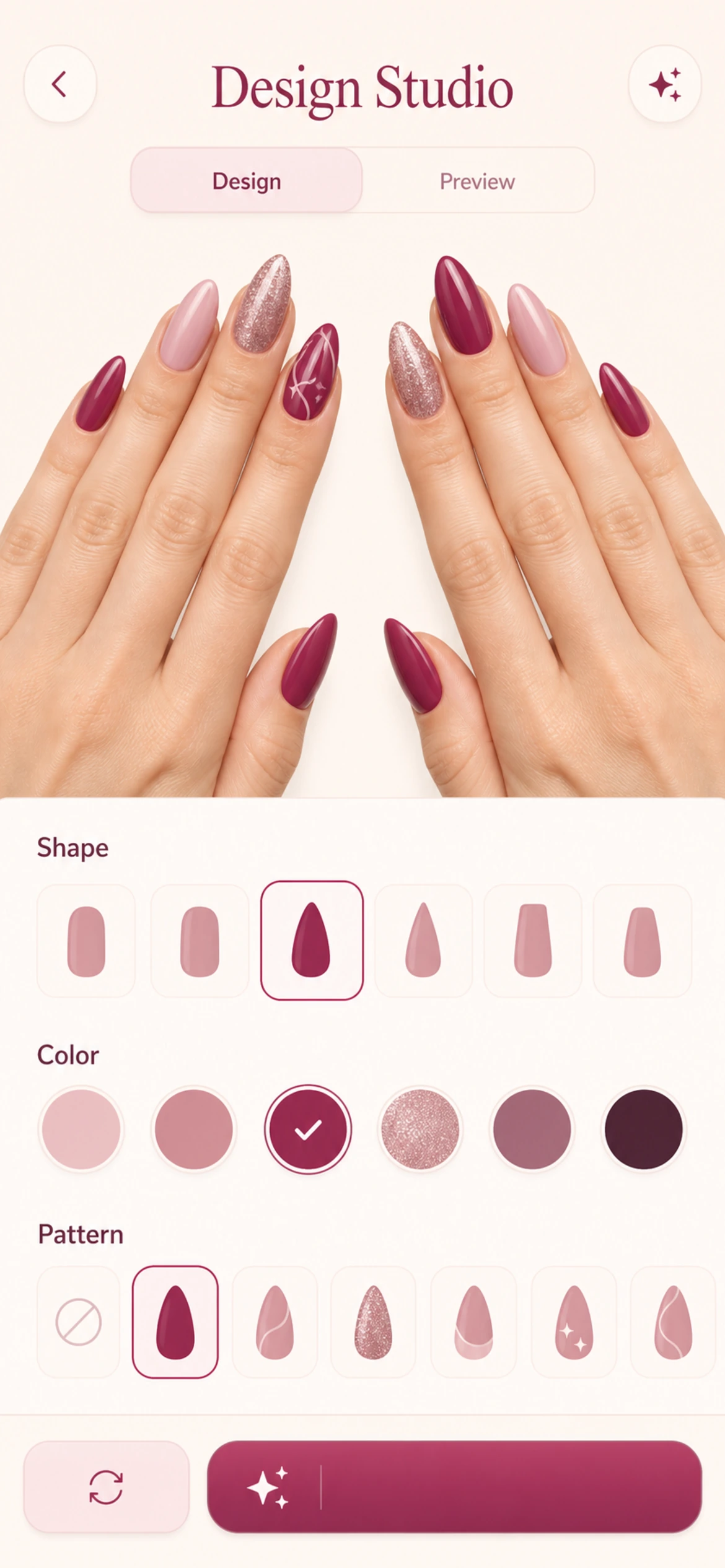 ManiLume mobile design studio for nail shape, color, and pattern selection