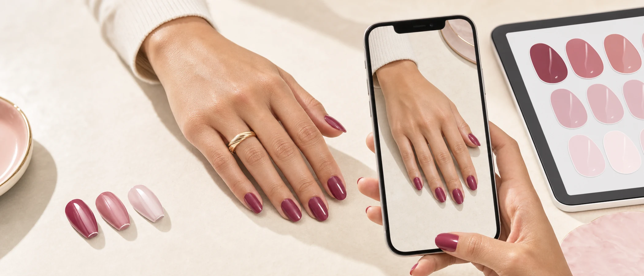 ManiLume AR preview matching a berry manicure to a client’s hand