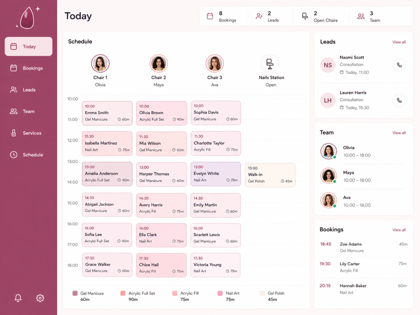 ManiLume Studio salon dashboard with bookings, leads, team shifts, and chair availability