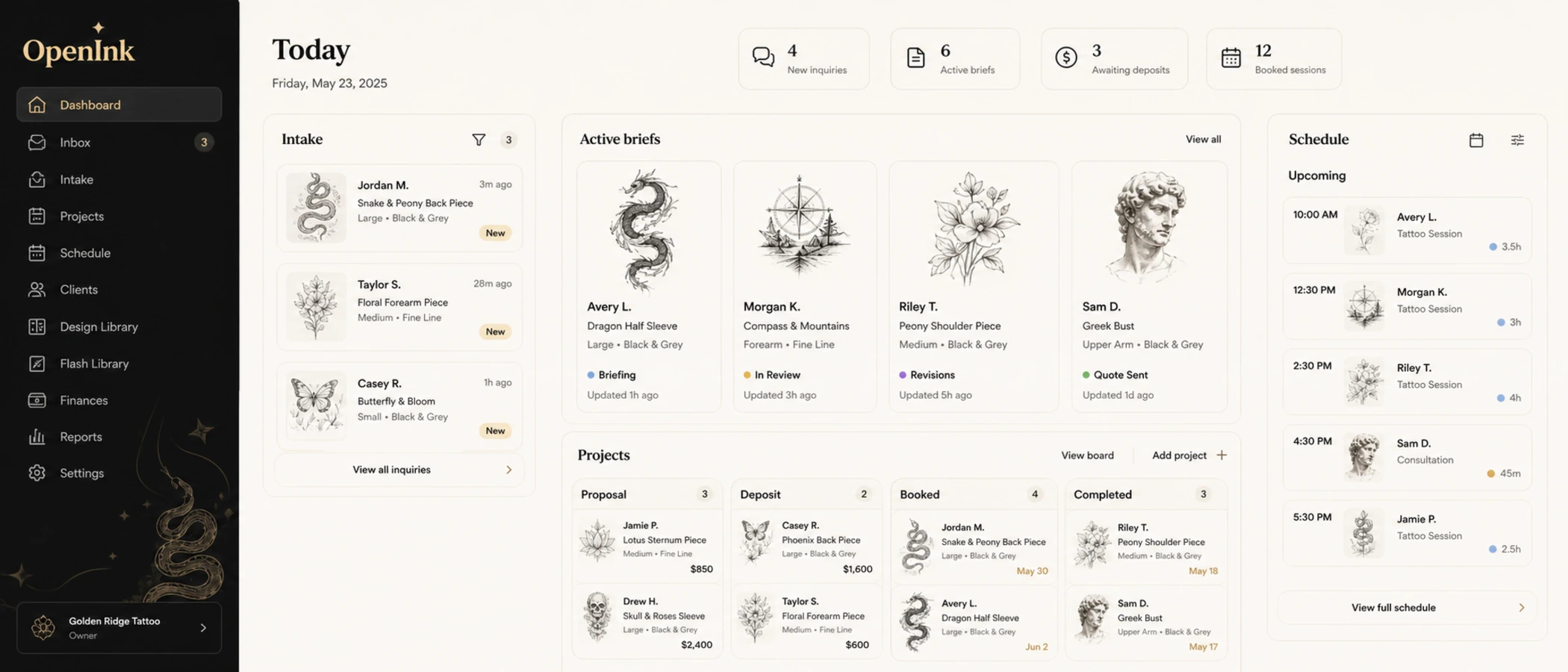 OpenInk Studio dashboard showing consultations, active briefs, projects, and scheduled sessions